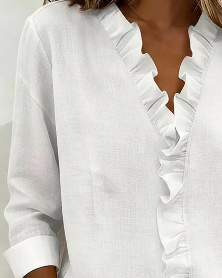 Ruffle V-Neck Blouse with Long Sleeves