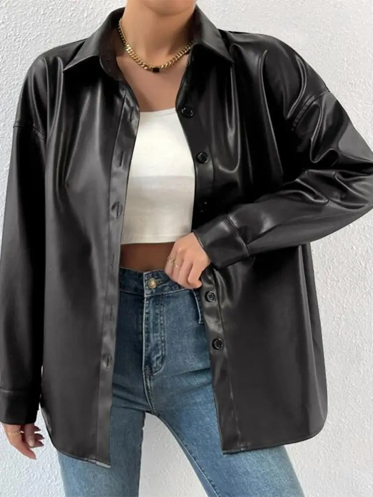 Vintage Leather Bomber Jacket with Lapel and Button Closure