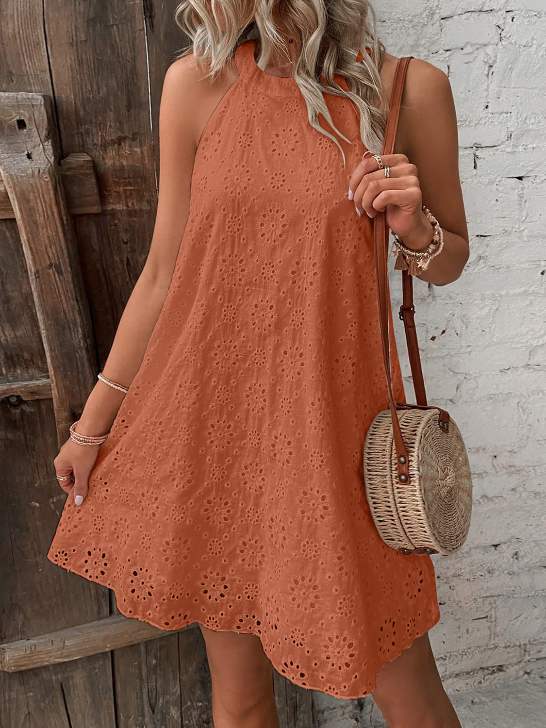 Eyelet Neck Mini Dress