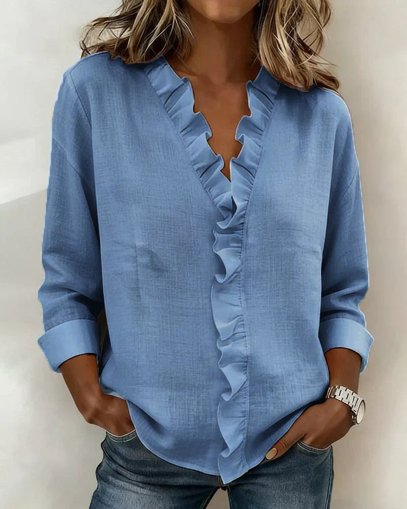 Ruffle V-Neck Blouse with Long Sleeves