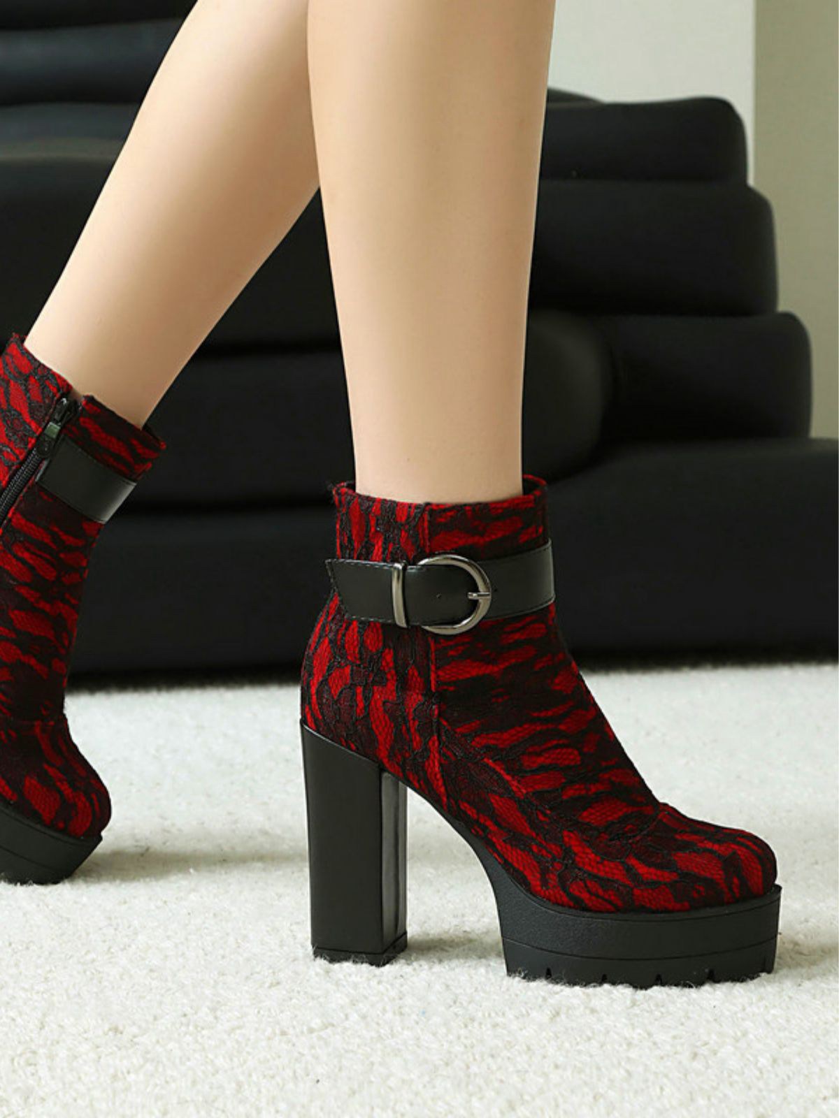 Vintage Lace Platform Ankle Boots with Chunky Heels