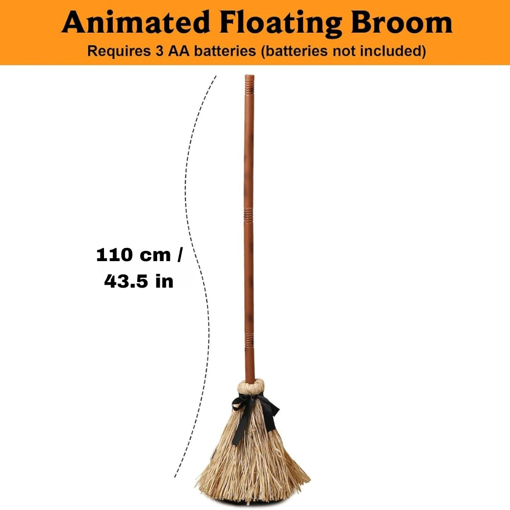 Interactive Floating Witch Broom Halloween Decor with Sound and Touch Response
