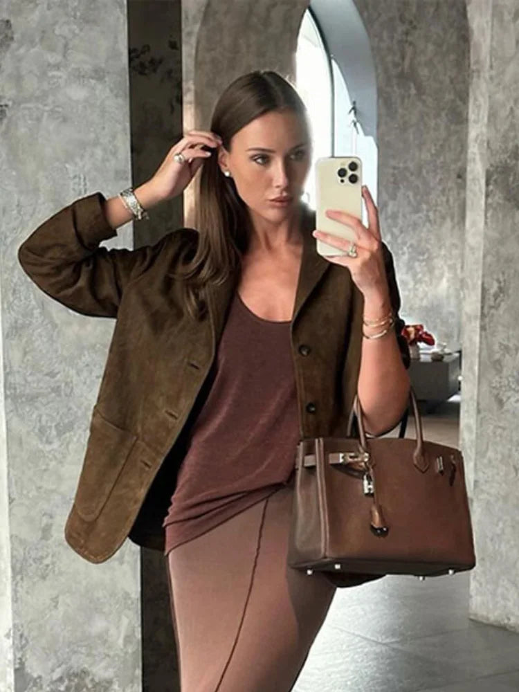 Stylish Warm Brown Lapel Jacket for Casual Elegance