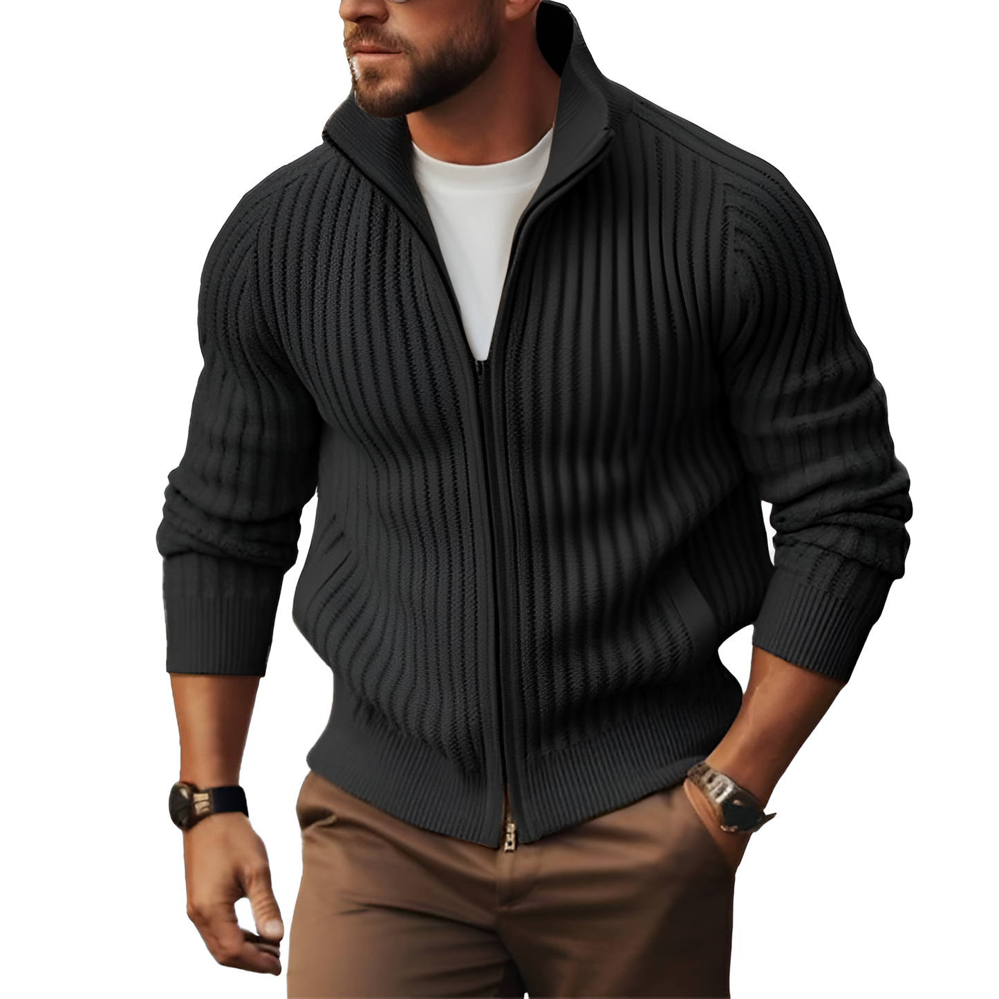 Mens Ribbed Zip-Up Cardigan Sweater