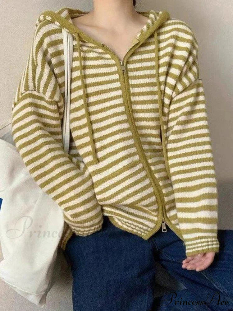Cozy Striped Hooded Zipper Cardigan