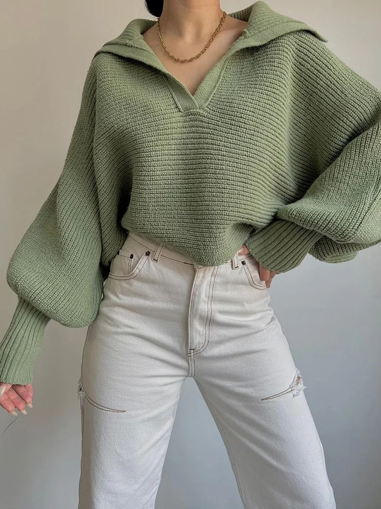 Cozy Lantern Sleeve Open Collar Knit Sweater
