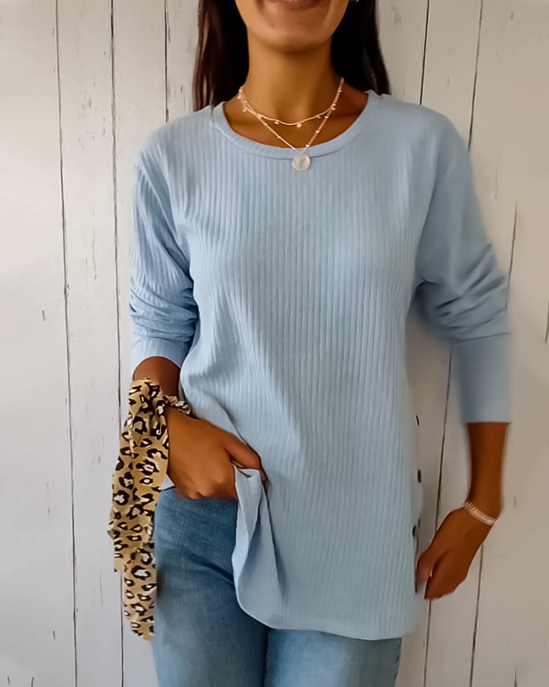 Ribbed Knit Long Sleeve Crew Neck T-Shirt for Women