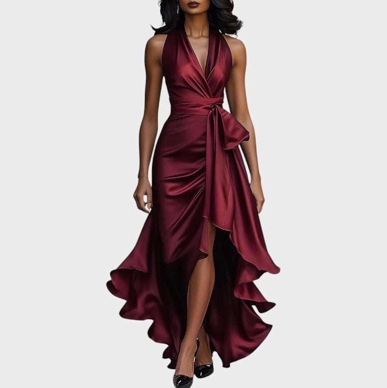 Midnight Satin Halter Neck Dress with Ruffle Detail
