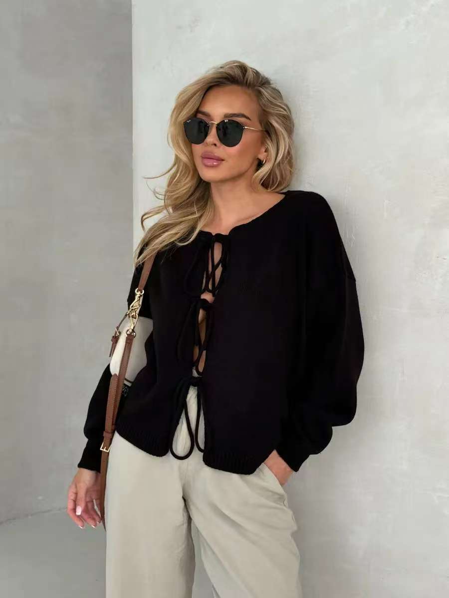 Chic Lace-Up Short Cardigan Sweater