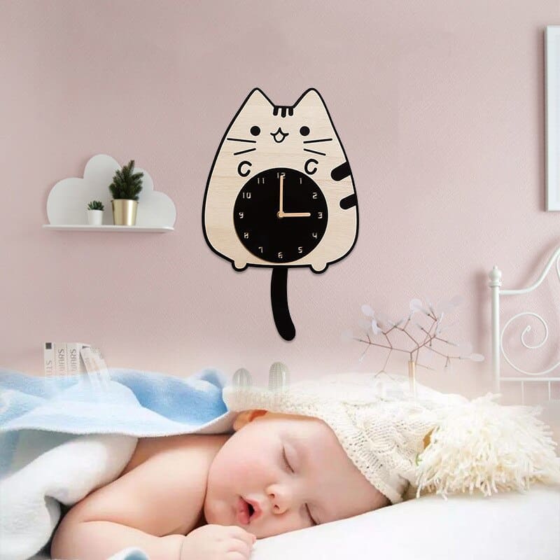 Whimsical Bamboo Quartz Cat Wall Clock