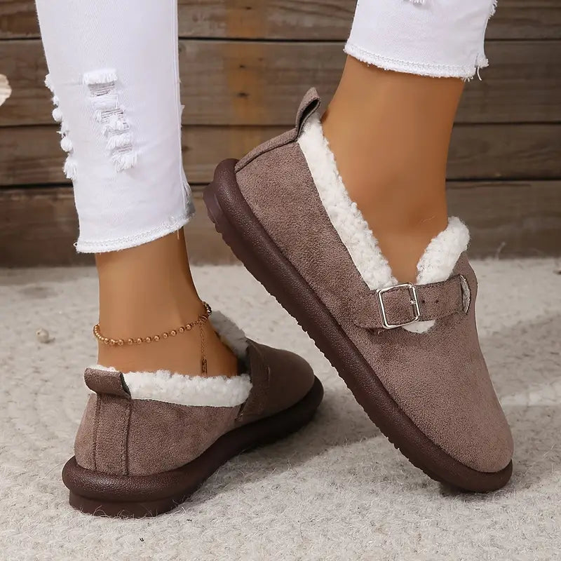 Cozy Fleece-Lined Slip-On Flats with Buckle Strap