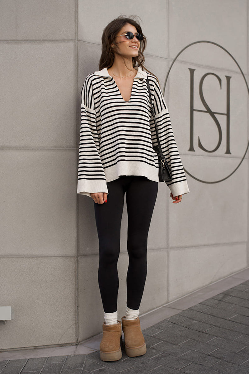 Cozy Striped Polo Neck Knit Sweater
