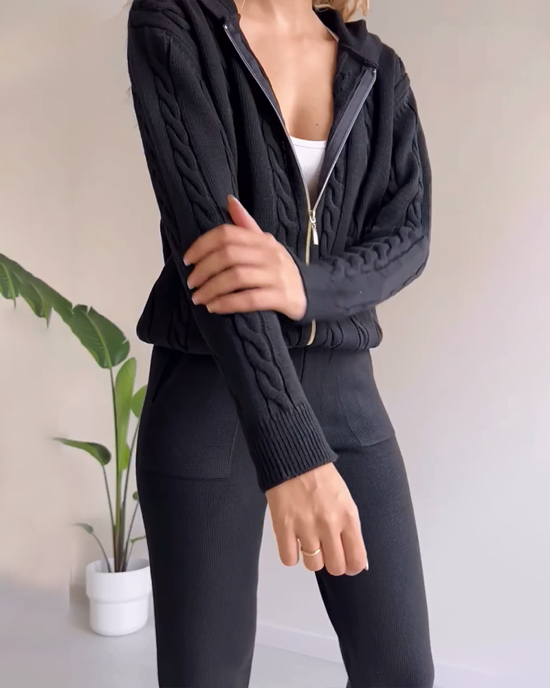Casual Twist Jacquard Sweater Cardigan Set
