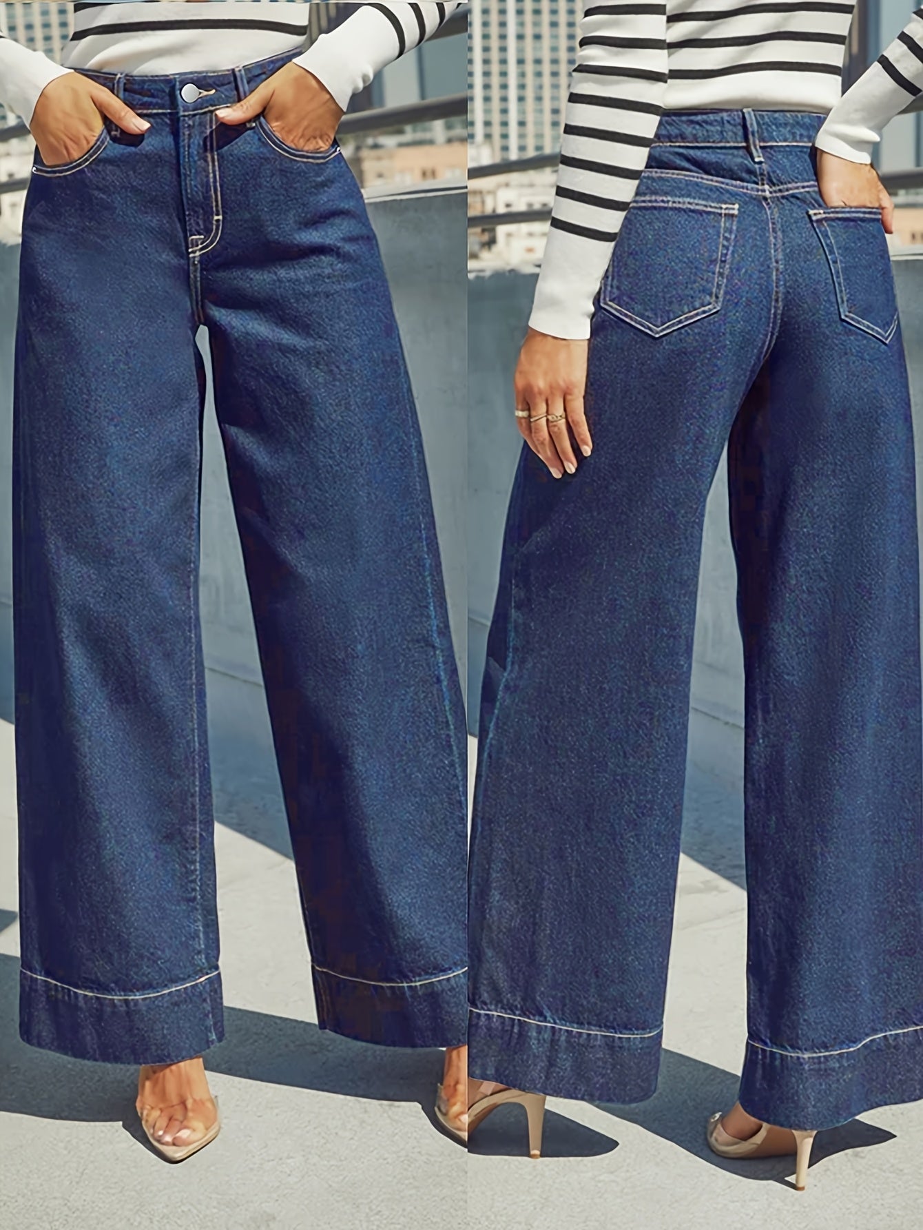 High-Waist Wide-Leg Stretch Denim Jeans with Cuffed Hem