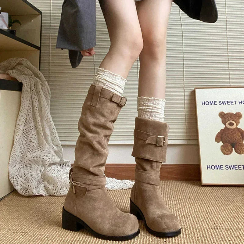 Folded Pile Western Platform Boots for Women