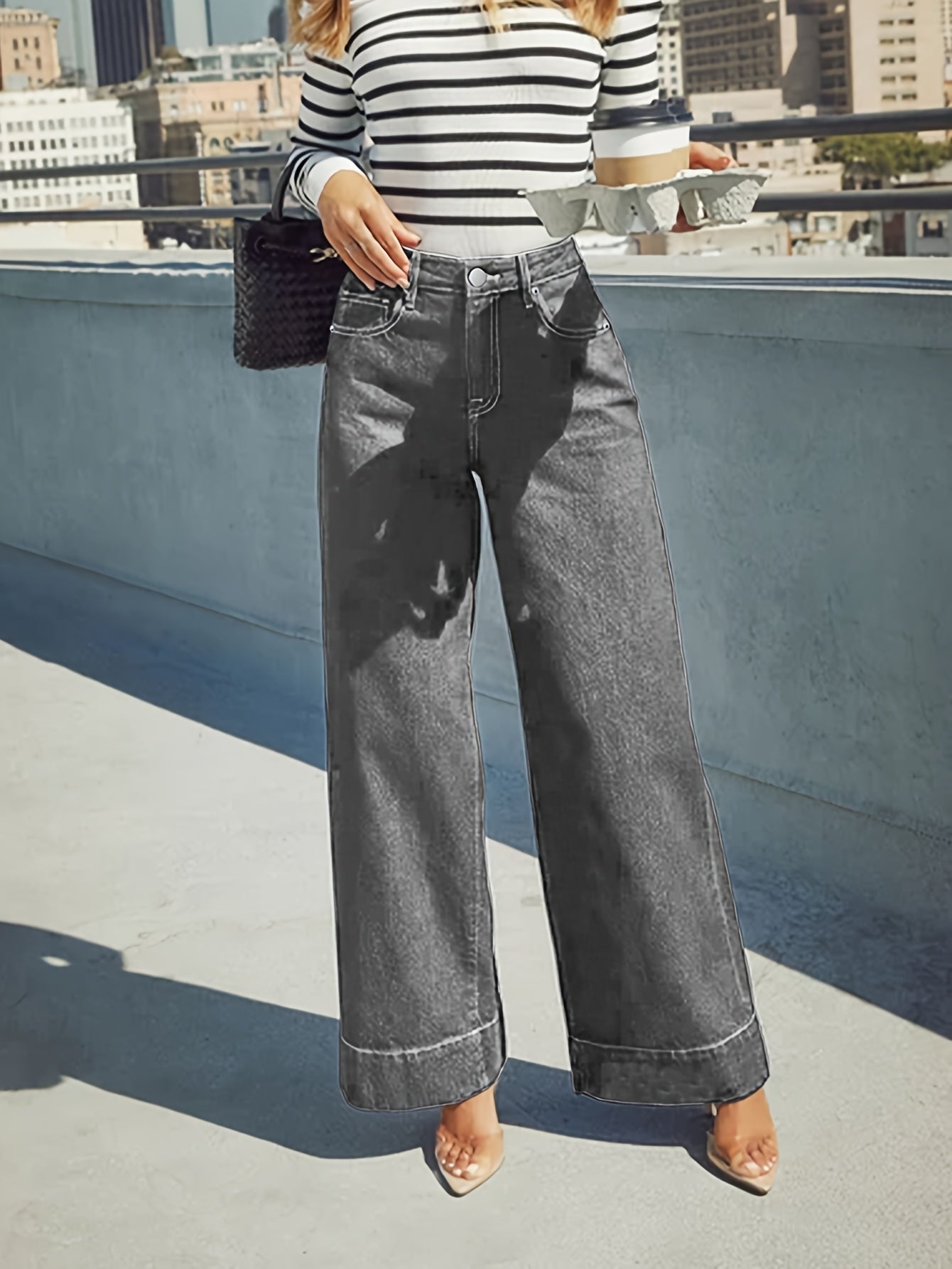 High-Waist Wide-Leg Stretch Denim Jeans with Cuffed Hem