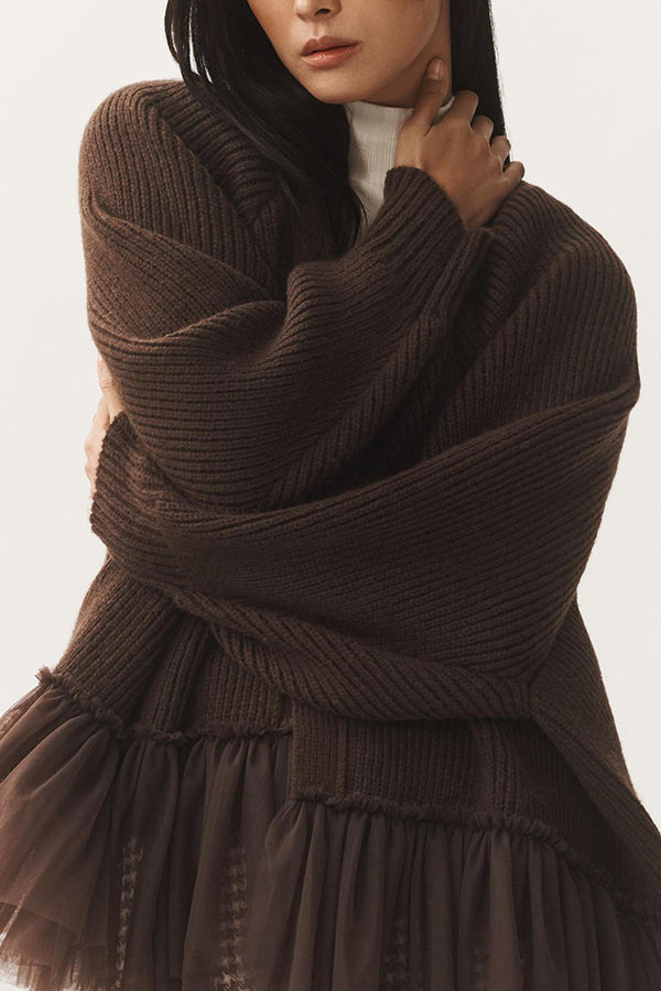 Mesh Ruffle Knit Cardigan with Long Sleeves