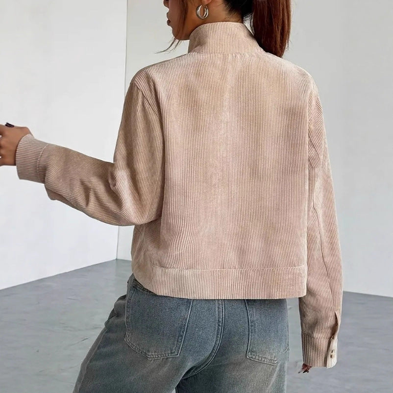 Cropped Corduroy Jacket with Wide Collar and Zipper Closure