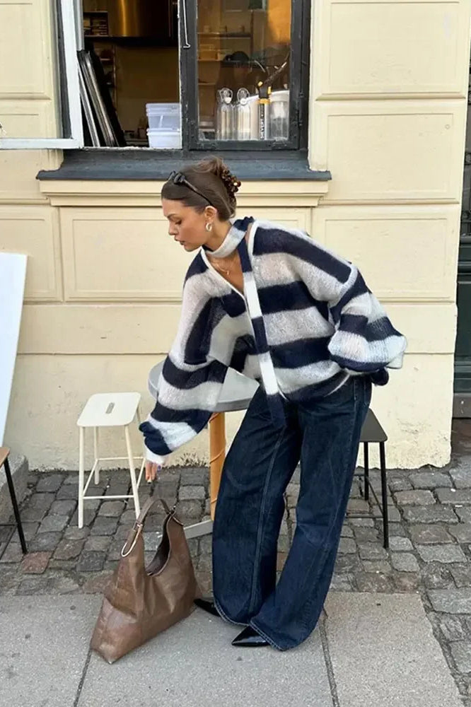 Striped V-Neck Loose Knit Cardigan