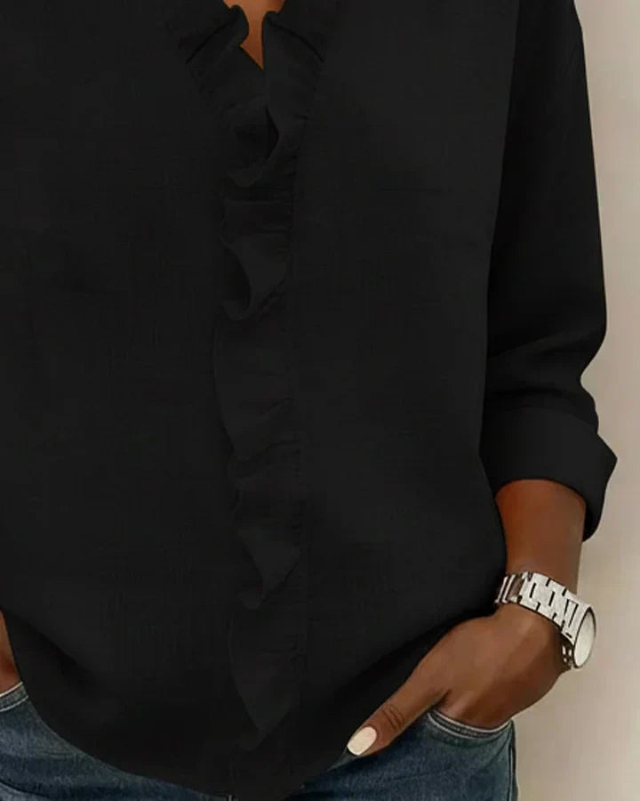 Ruffle V-Neck Blouse with Long Sleeves