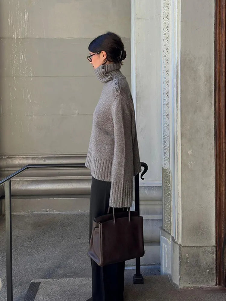 Cozy Button Turtleneck Loose Fit Pullover Sweater
