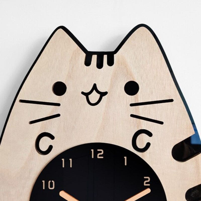 Whimsical Bamboo Quartz Cat Wall Clock