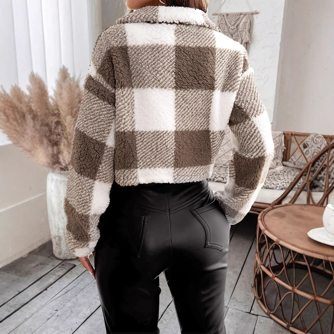 Cozy Teddy Fleece Cropped Jacket with Checked Pattern