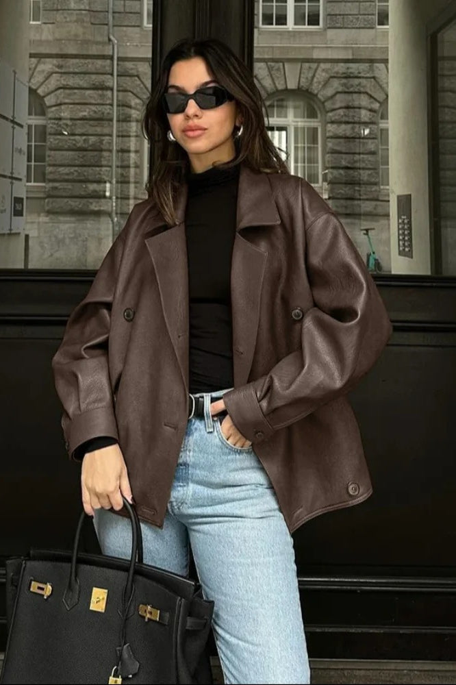 Double Breasted Black Leather Coat with Lapel Collar
