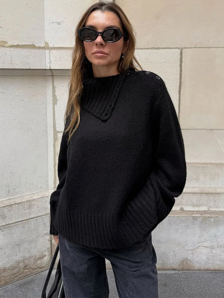 Cozy Button Turtleneck Loose Fit Pullover Sweater