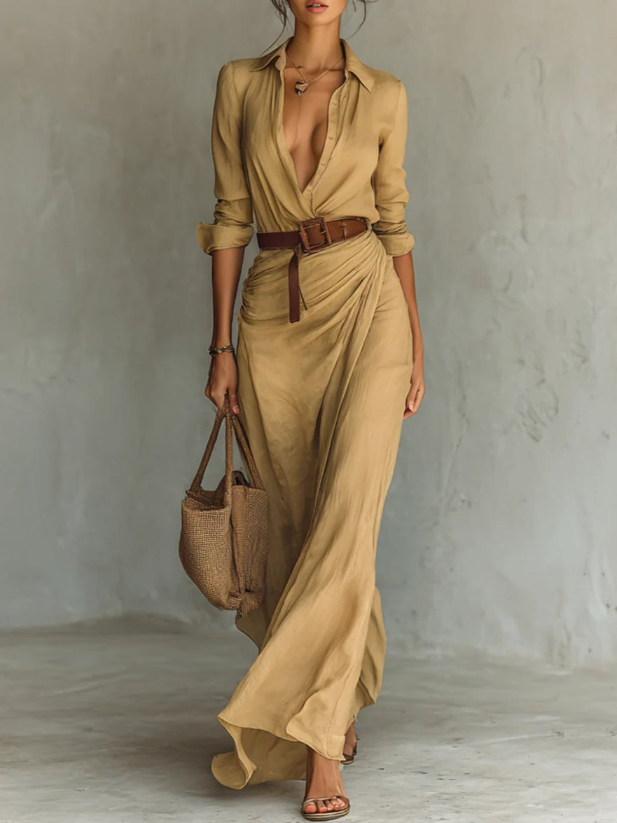 Elegant Long-Sleeve Tailored Maxi Dress with Lapel Collar