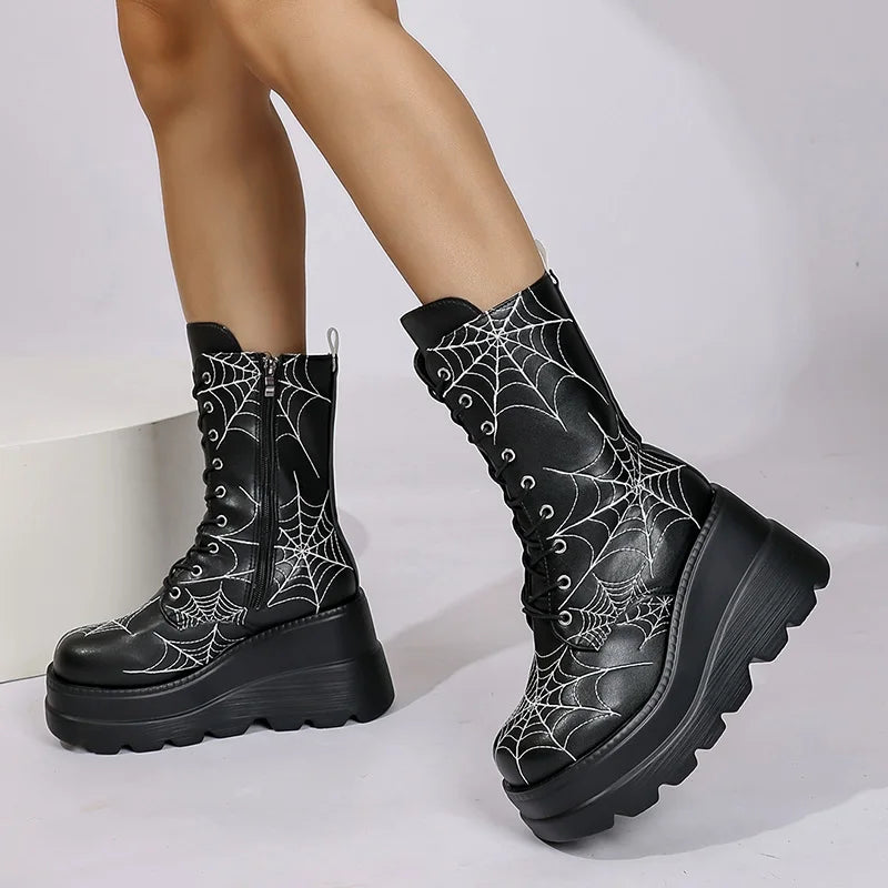 Gothic Chunky Platform Mid Calf Boots with Spider Web Detail