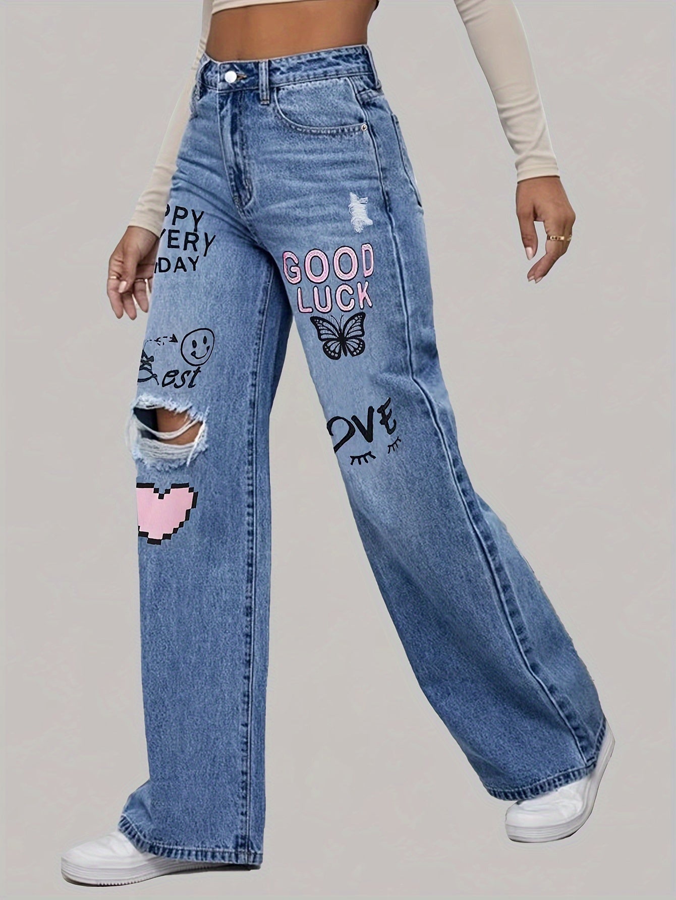 High-Waist Wide-Leg Denim Jeans with Bold Graphic Prints