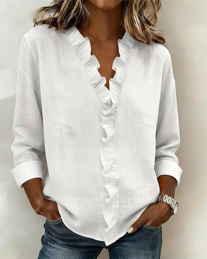 Ruffle V-Neck Blouse with Long Sleeves