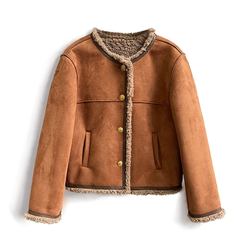 Cozy Brown Fleece-Lined Buttoned Jacket for Women