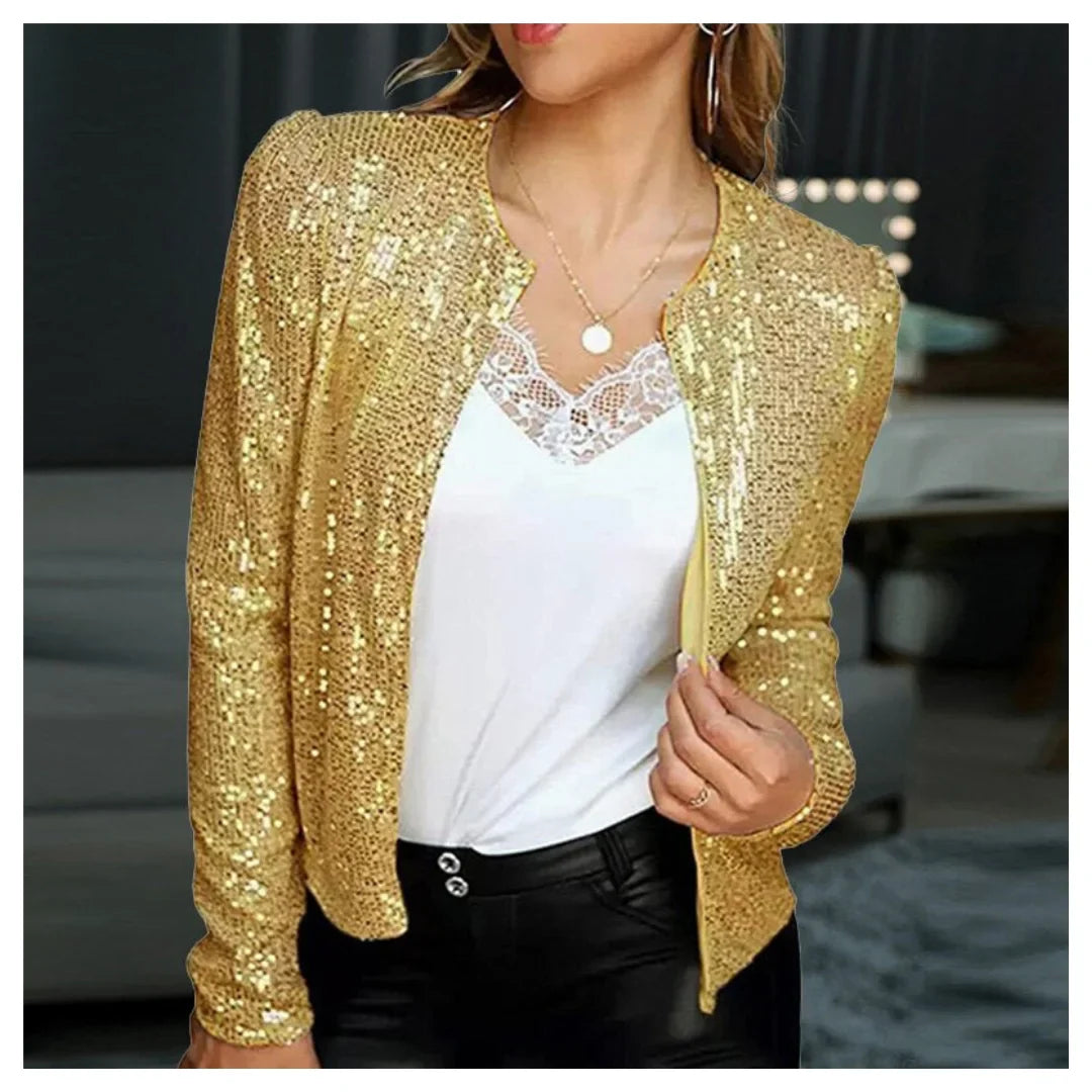 Sparkling Sequin Party Jacket with Front Zipper