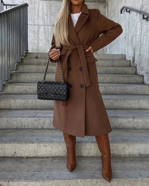 Chic Double-Breasted Belted Coat with Pockets