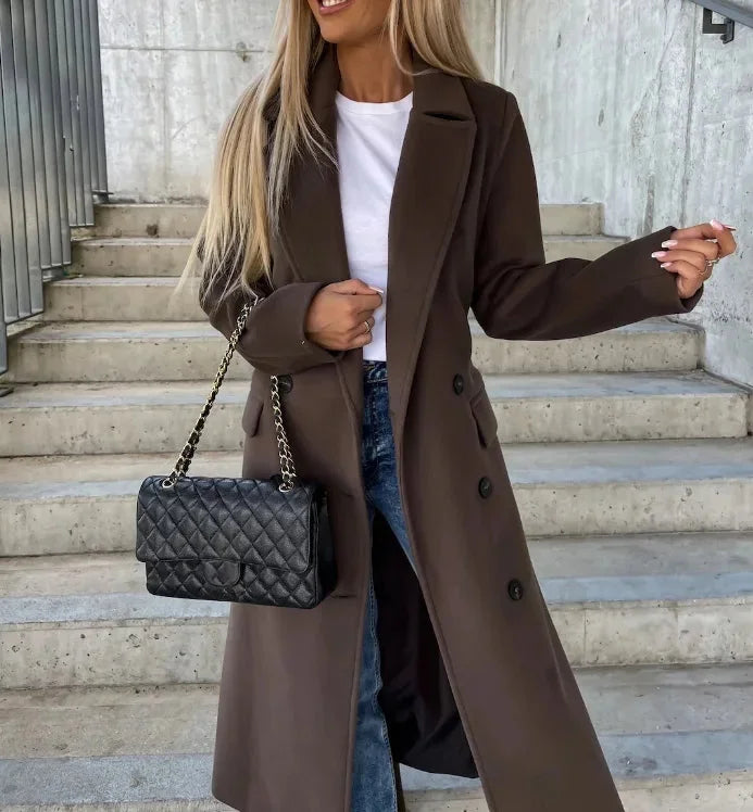 Chic Double-Breasted Belted Coat with Pockets