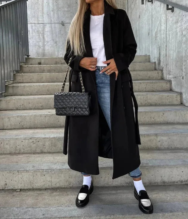 Chic Double-Breasted Belted Coat with Pockets