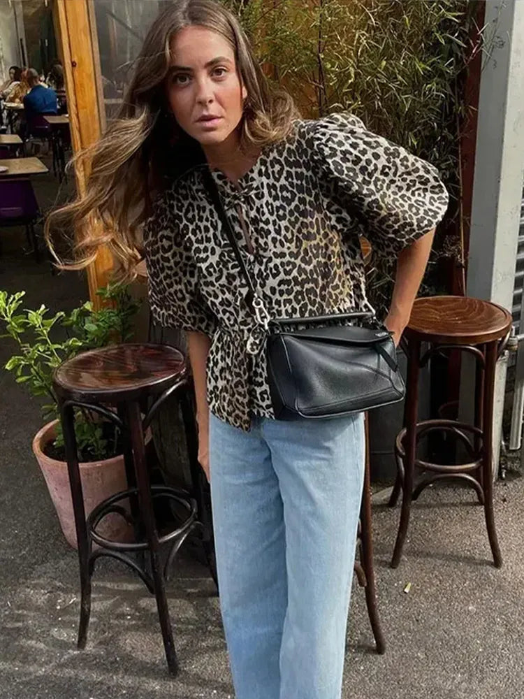 Leopard Print Puff Sleeve Top with Bow Accent
