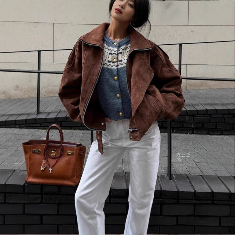 Oversized Suede Look Bomber Jacket with Asymmetric Zipper