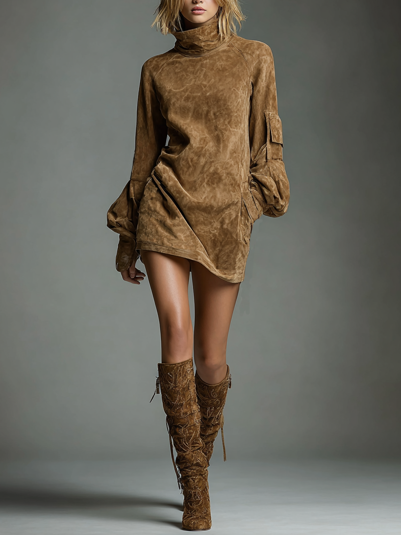 Vintage Suede Turtleneck Mini Dress – Effortless Chic Style