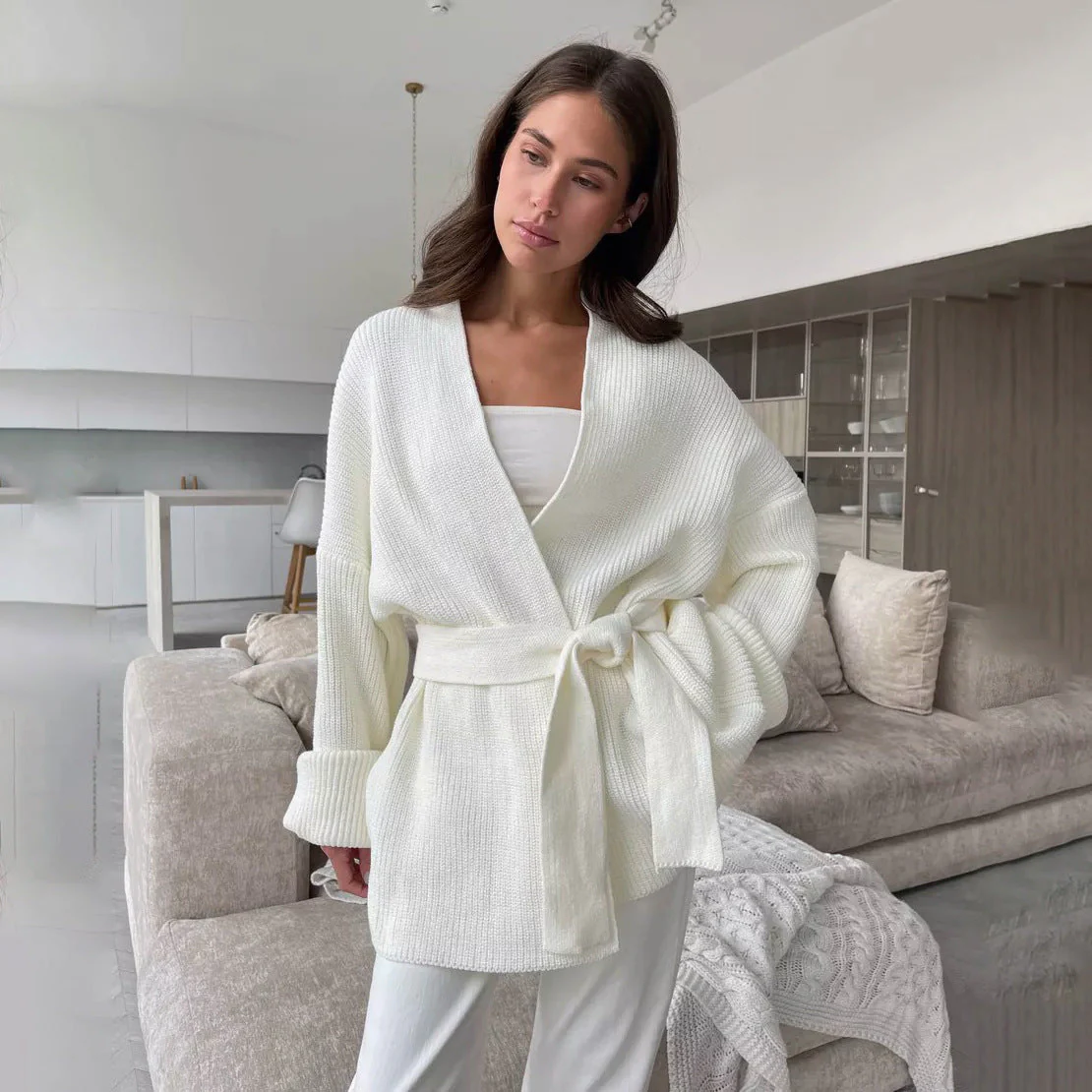 Cozy Ribbed Knit Wrap Cardigan with Tie Belt