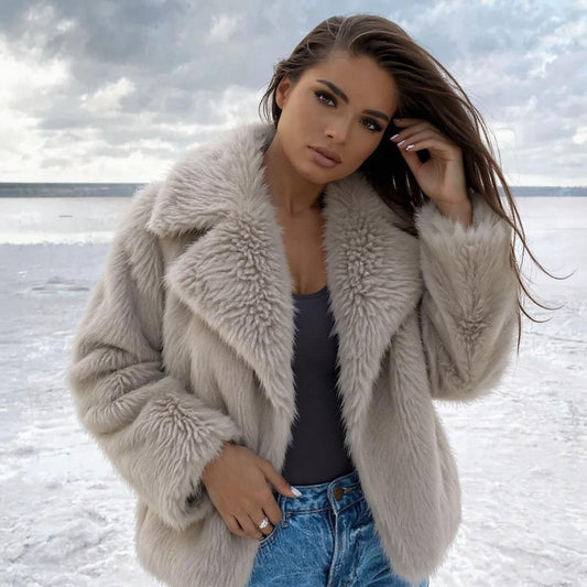 Elegant Faux Fur Coat with Voluminous Collar