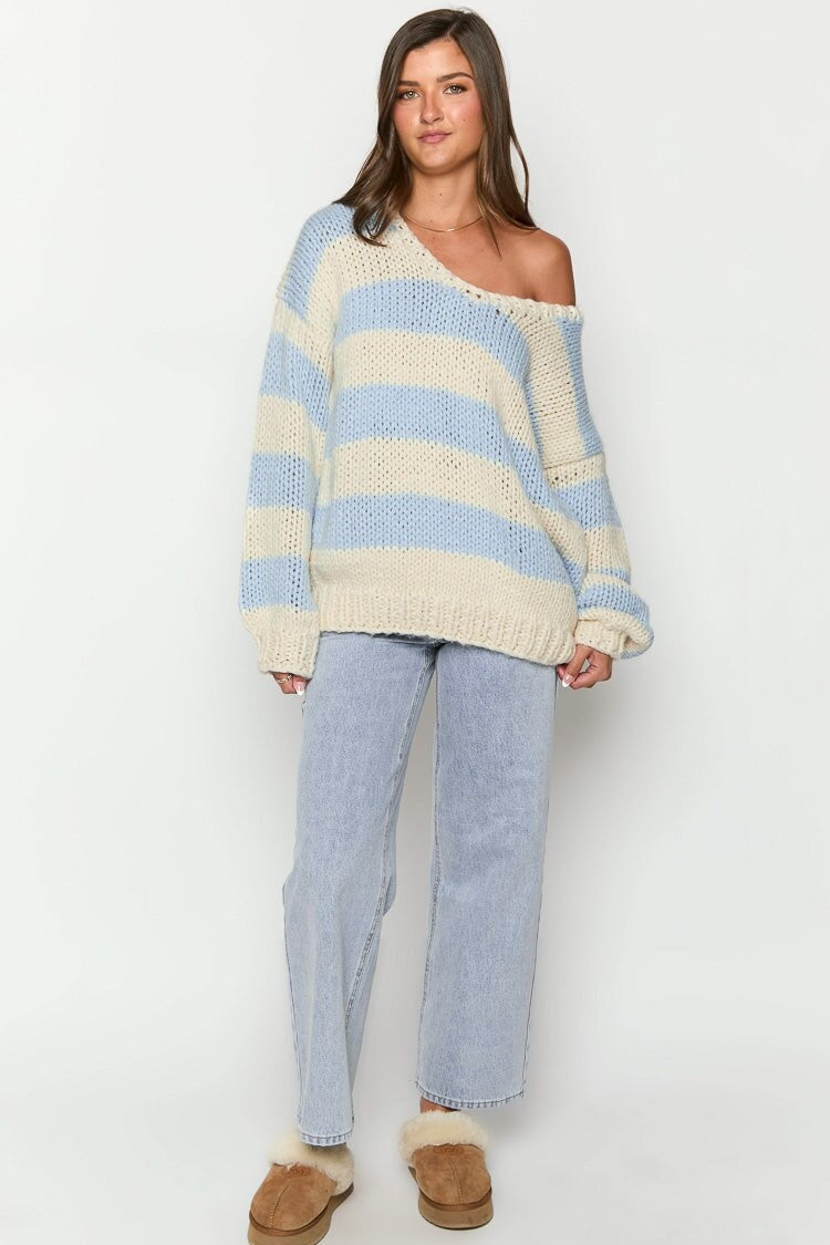 Cozy Off-Shoulder Striped Knit Sweater