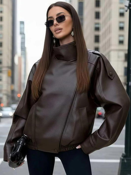 Women’s Asymmetric Stand Collar Leather Jacket