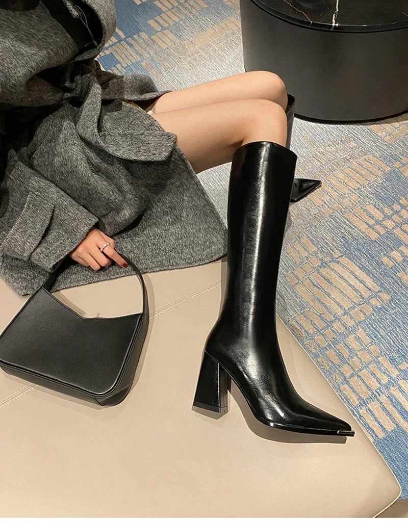 Sleek Black Knee High Pointed Leather Boots
