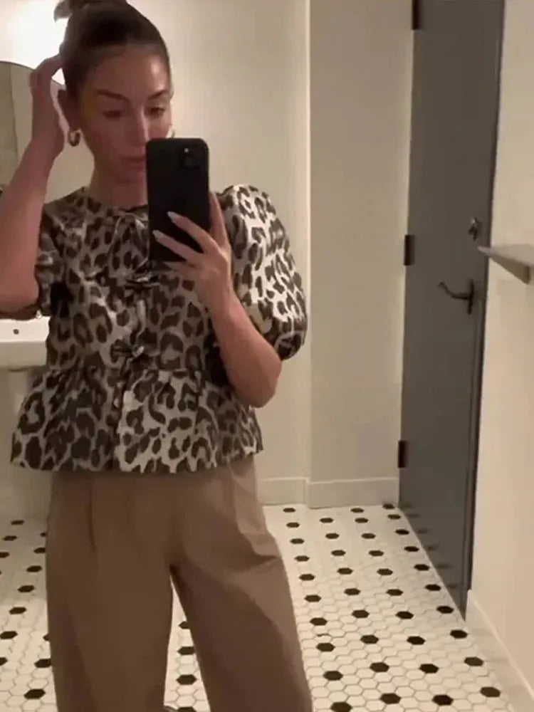 Leopard Print Puff Sleeve Top with Bow Accent