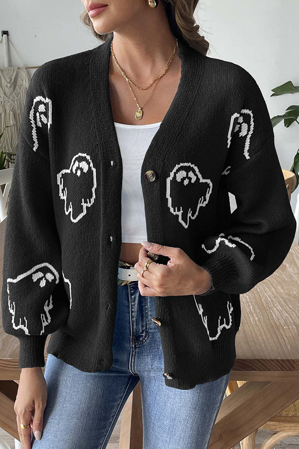 Cozy Halloween Ghost Knit Button-Down Sweater