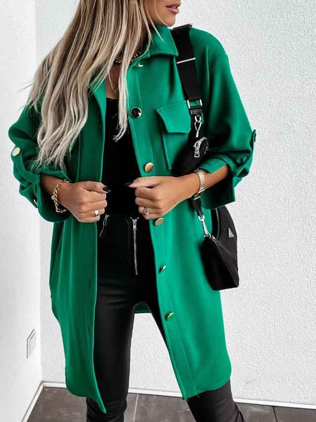Cozy Long Buttoned Shirt Jacket with Wool Collar and Lapels