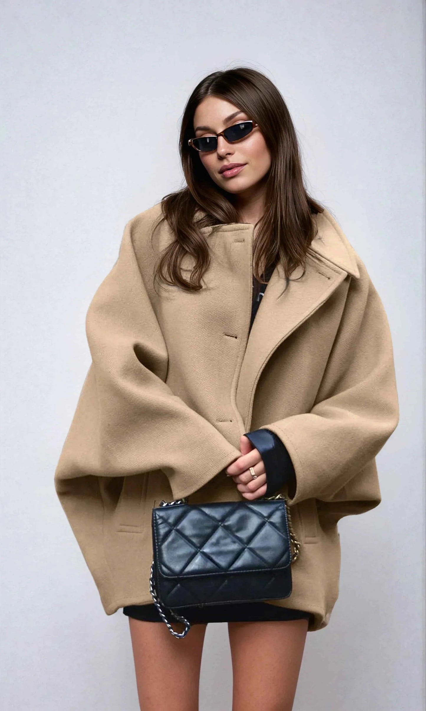 Oversized Women's Winter Coat with Lapel Collar and Asymmetric Buttons